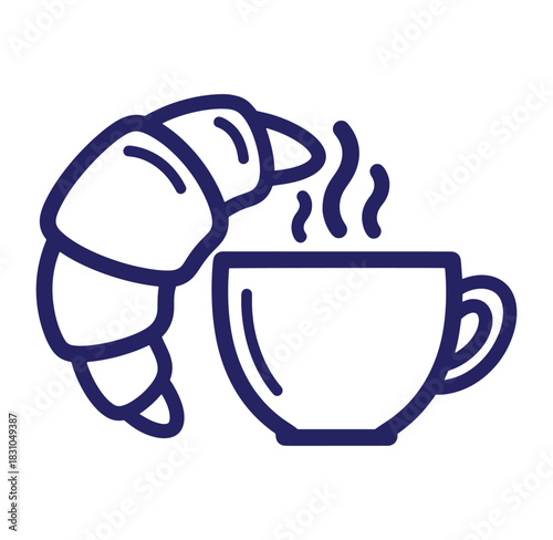 A simple illustration of a warm coffee cup with a delicious flaky croissant pastry.