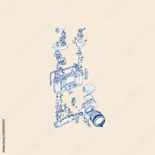 Vintage analog film camera body cutout deconstructed