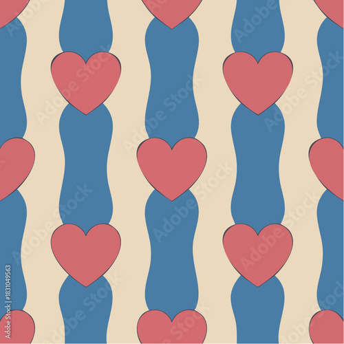 vertical red hearts on wavy blue stripes with beige rhythm in playful geometric repetition
