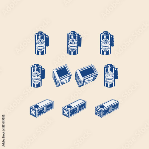 Vintage cameras film rolls icon set