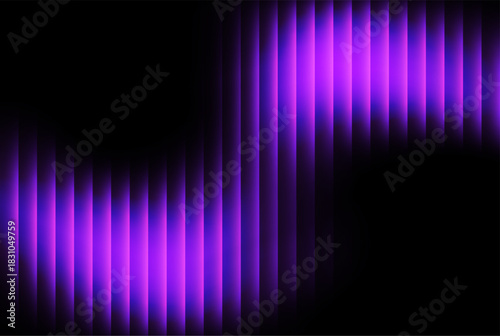 Abstract digital background featuring a vibrant sshaped wave pattern composed of glowing vertical purple light bars against a stark black backdrop, creating a sense of futuristic motion and energy