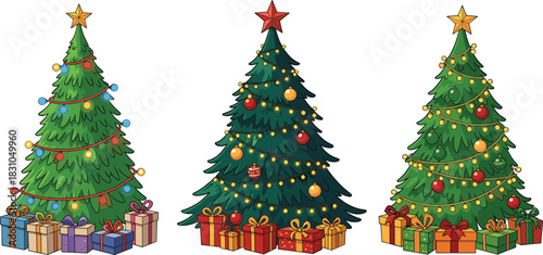 Decorated Christmas tree vector set with ornaments, lights, star topper, and gift boxes for holiday celebration, winter season, festive greeting, and New Year designs