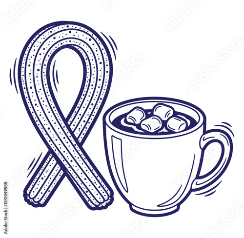 Delicious churro and hot chocolate with marshmallows sweet dessert illustration