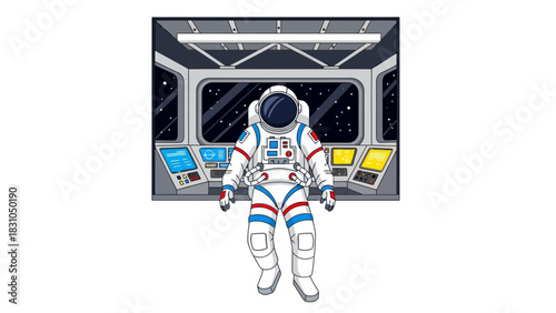 Astronaut in a spaceship cockpit with screens and windows showing stars