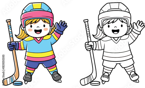 Cartoon ice hockey player vector illustration. Coloring book page for kids showing a colored and outline version of a happy girl in uniform holding a stick and waving near a puck.