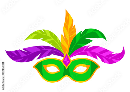 Mardi Gras mask with feathers. Carnival illustration for traditional holiday or festival.