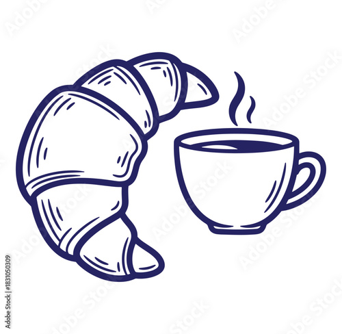 Delicious french breakfast featuring a croissant and a steaming cup of coffee