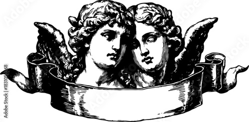 Vintage angel illustration with twin faces and wings. Detailed line drawing in black and white, presented as a decorative vector set.