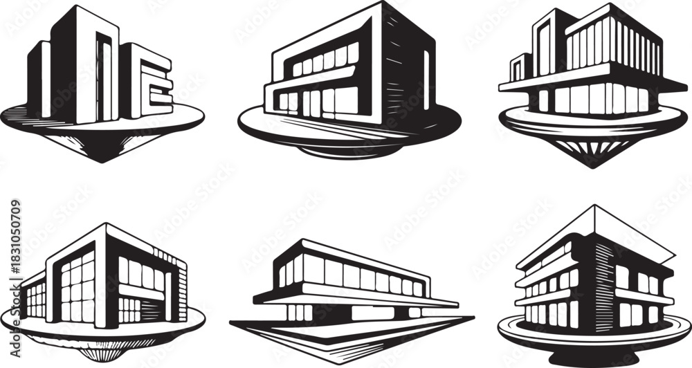 Obraz premium Futuristic Building Structures Collection Architectural Concepts for Urban Development and Modern City Planning in Isolated Vector Art Designs