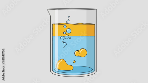 Beaker with layered liquids and bubbles