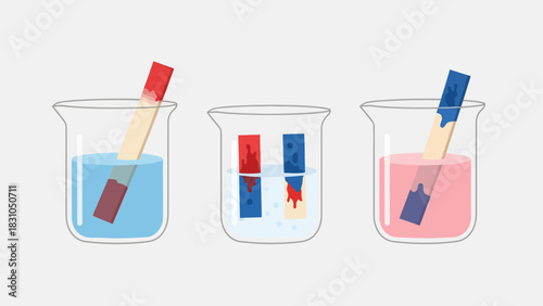 Beakers with colored strips showing chemical reactions