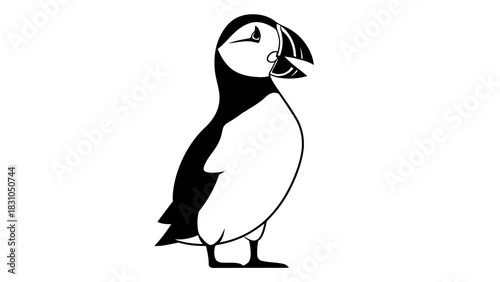 Black and white illustration of an Atlantic Puffin standing