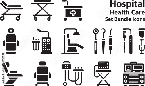 Hospital and Health Care Icon Set Medical Equipment and Services for Patient Care and Treatment in Isolated Black Vector Art Designs