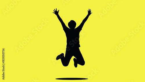 Black silhouette of a person jumping with arms raised on a yellow background