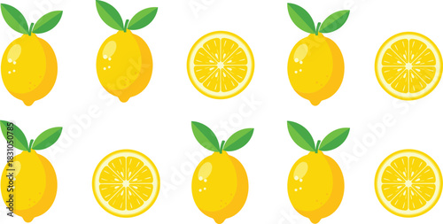 Fresh lemon citrus fruit illustration pattern featuring whole lemons with green leaves and round sliced lemon pieces for food, beverage, and natural ingredient designs