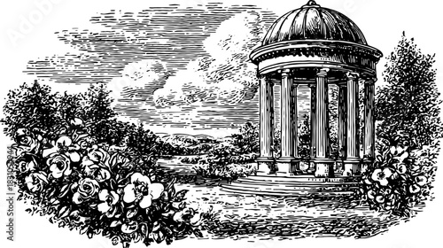 Classic pavilion structure in a scenic garden landscape. Surrounded by detailed roses, this black and white vector illustration captures historical architecture and nature.