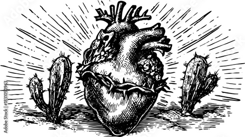 Heart with cacti illustrated in black and white. Vintage vector illustration featuring detailed line art and botanical elements set against a minimalist background.