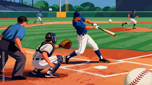 This illustration depicts a baseball game moment: a batter swinging at the ball, with a catcher, umpire, and other players on the field, capturing the dynamic energy of the sport in a stadium setting.
