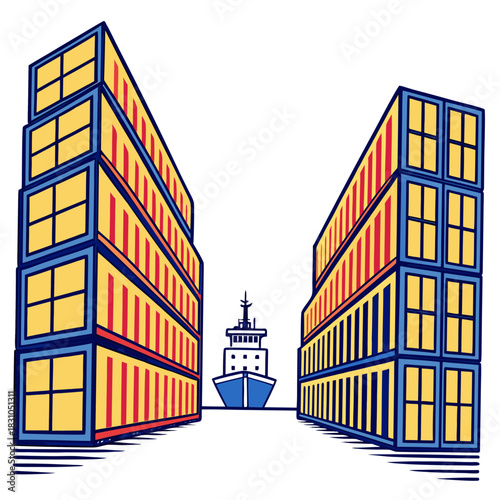 Stylized illustration of a cargo ship sailing between tall stacks of colorful shipping containers at a port