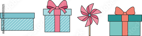Gift box and pinwheel icons illustration featuring ribbon wrapped presents, playful spinning toy, pastel colors, and festive celebration design elements