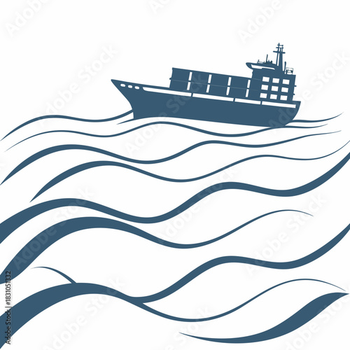 Stylized silhouette of a cargo ship navigating through abstract blue waves on a white background