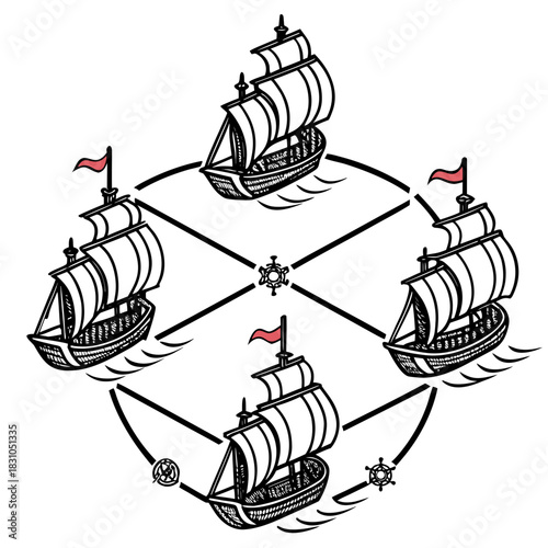 Four vintage sailing ships arranged in a circular pattern with nautical symbols