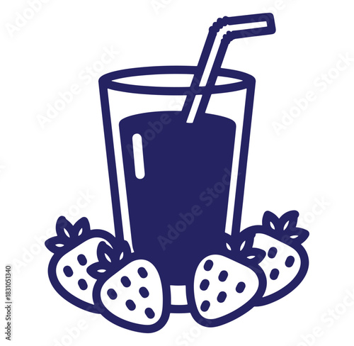 Fresh strawberry juice in a glass with straw and berries for healthy refreshment