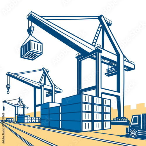 Industrial shipping port with large cranes loading shipping containers onto a truck and train tracks