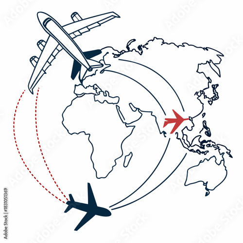Airplanes flying across a stylized world map showing international travel routes and destinations