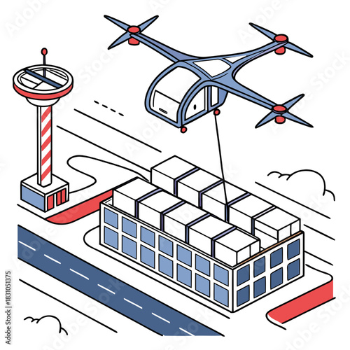Modern drone delivery service transporting cargo containers from a warehouse with air traffic control tower