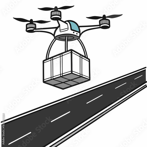 Modern drone delivering a package above a highway representing future logistics and transportation innovation