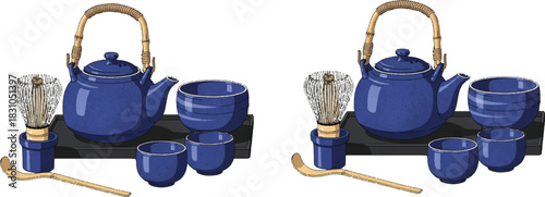 Traditional Japanese tea ceremony utensils, bamboo whisk, blue teapot, chashaku scoop, ceramic bowls, cultural ritual, mirrored composition, Zen aesthetics