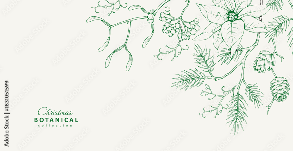 Obraz premium Christmas greeting illustration with winter plants and traditional New year decorations. Holiday card or invitation with hand drawn botanical engraving design
