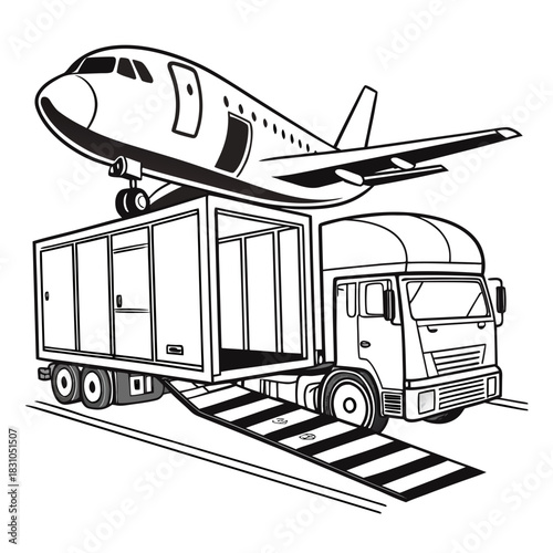 Airplane being loaded onto a large truck trailer using a ramp for transportation logistics