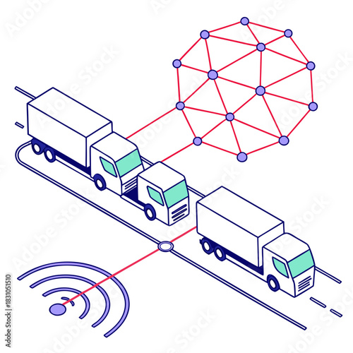 Connected autonomous trucks on a highway communicate with a central network via wireless signals