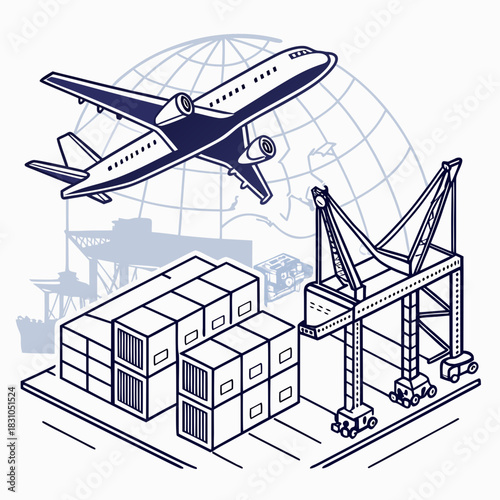 Global logistics and transportation network featuring airplanes cargo containers and cranes
