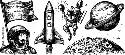 Astronaut with a rocket and flag in a vintage engraving style. This hand-drawn vector illustration features planets and a balloon in space.