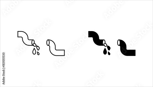 Black vector icon set. of a water tap dripping connected to a pipe, representing plumbing, water flow, leakage, and infrastructure system. Clean minimal style with strong solid shape for UI, web,  
