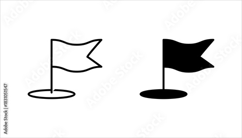 Goal Marker Icon set – Flag on Target Point Minimal black outline  of a flag placed on a circular point, representing a goal, checkpoint, target, achievement, or destination. Suitable for business goa