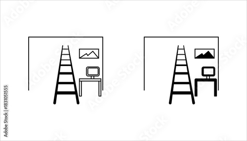 Room Setup Icon set. – Ladder in Workspace Black silhouette icon of an indoor workspace showing a ladder, desk, and wall frame. Represents interior setup, room preparation, renovation,