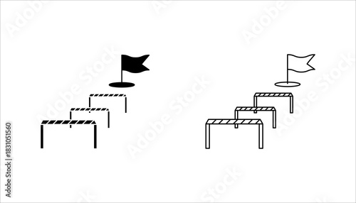 Goal Hurdles Icon set. – Obstacles Leading to Flag Black outline icon featuring hurdles arranged in a row leading toward a goal flag. Symbolizes challenges, progress, achievement, strategic goals, 