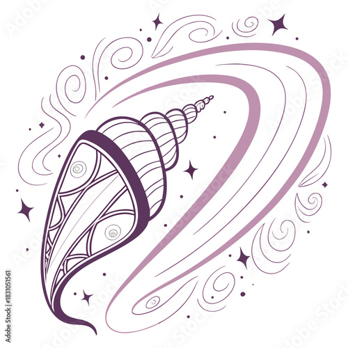 Whimsical purple seashell with swirling cosmic trails and sparkling stars on a white background