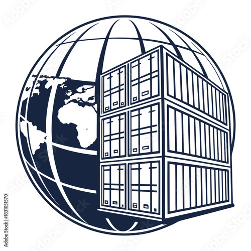 Global shipping containers stacked on the planet earth representing international logistics and trade