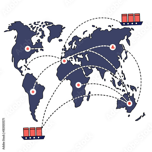 Global shipping routes connect continents with cargo ships and dotted lines illustrating international trade