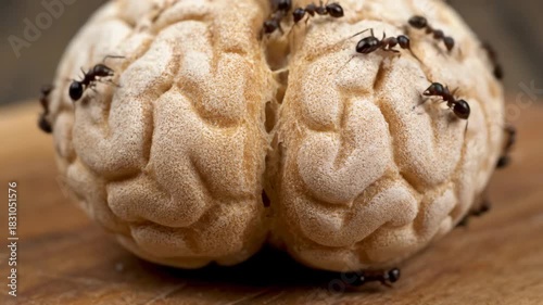 Brain shaped bread loaf with ants on a wooden board, close-up