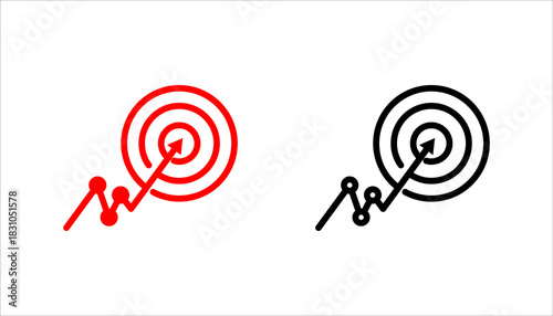 Target Growth Icon set.– Arrow Hitting Bullseye outline icon of a rising graph line pointing toward a target bullseye. Represents business growth, success, goal achievement, analytics,