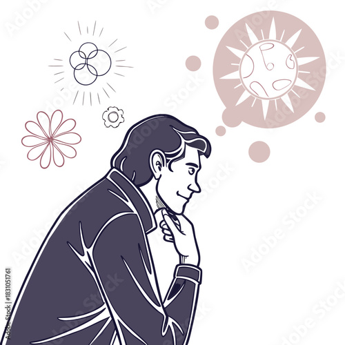 Thoughtful man in profile with a sun in his thought bubble and abstract shapes above his head