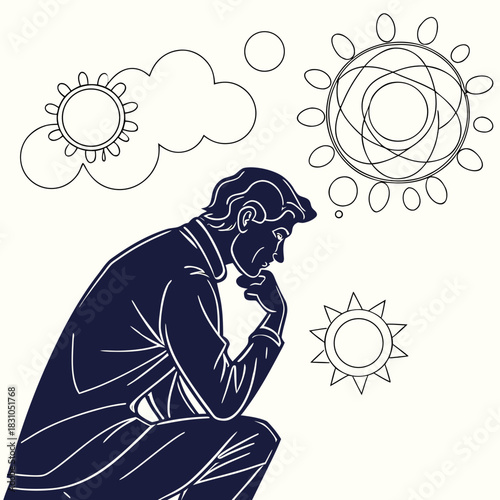 Man in deep thought contemplating abstract ideas and symbols represented by suns and geometric shapes