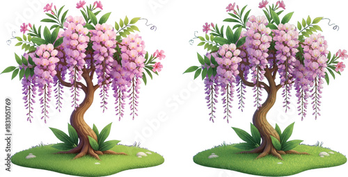 Wisteria tree illustration, purple blossoms, flowering tree art, nature design, spot the difference, mirrored trees, grassy base, botanical drawing