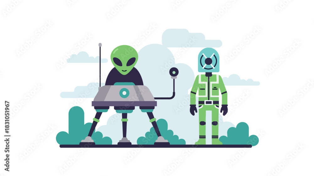 Obraz premium Cartoon alien stands by spaceship next to astronaut in green suit